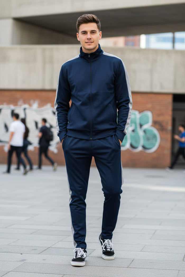 Man wearing a navy tracksuit with white stripes  taken  outside