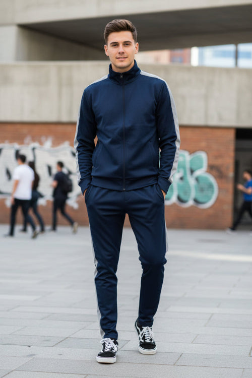 Man wearing a navy tracksuit with white stripes  taken  outside