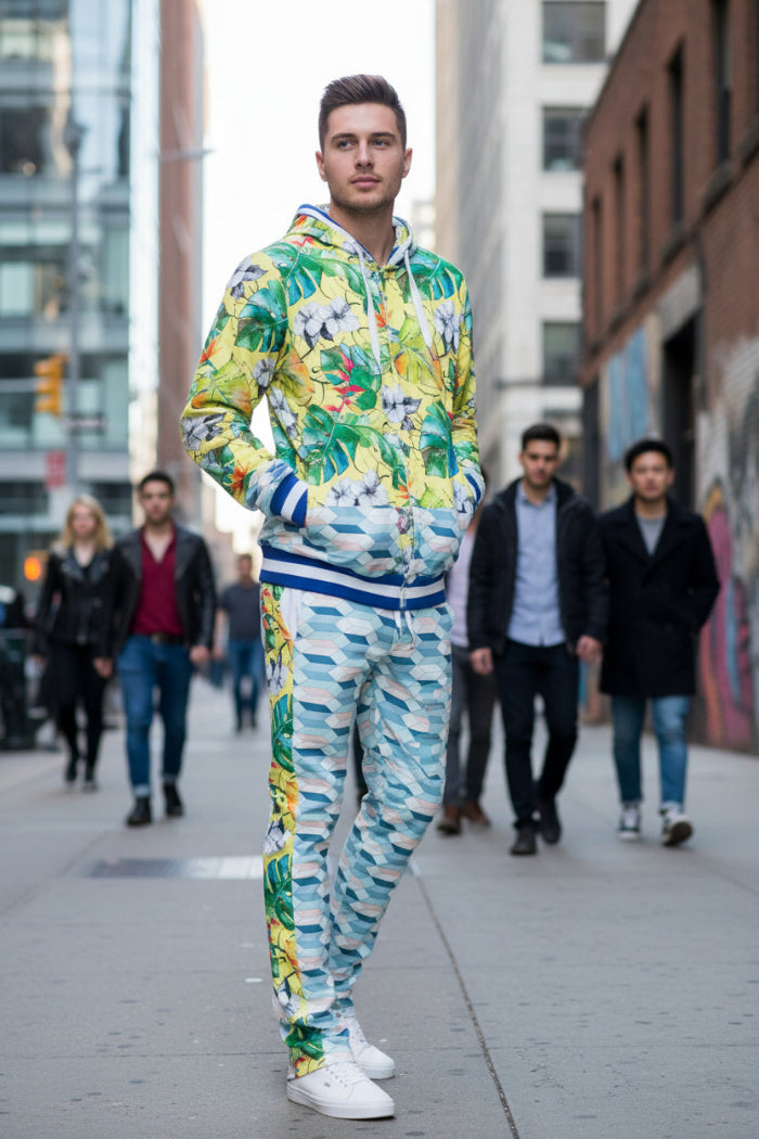 Man wearing a colorful floral tracksuit  taken outside