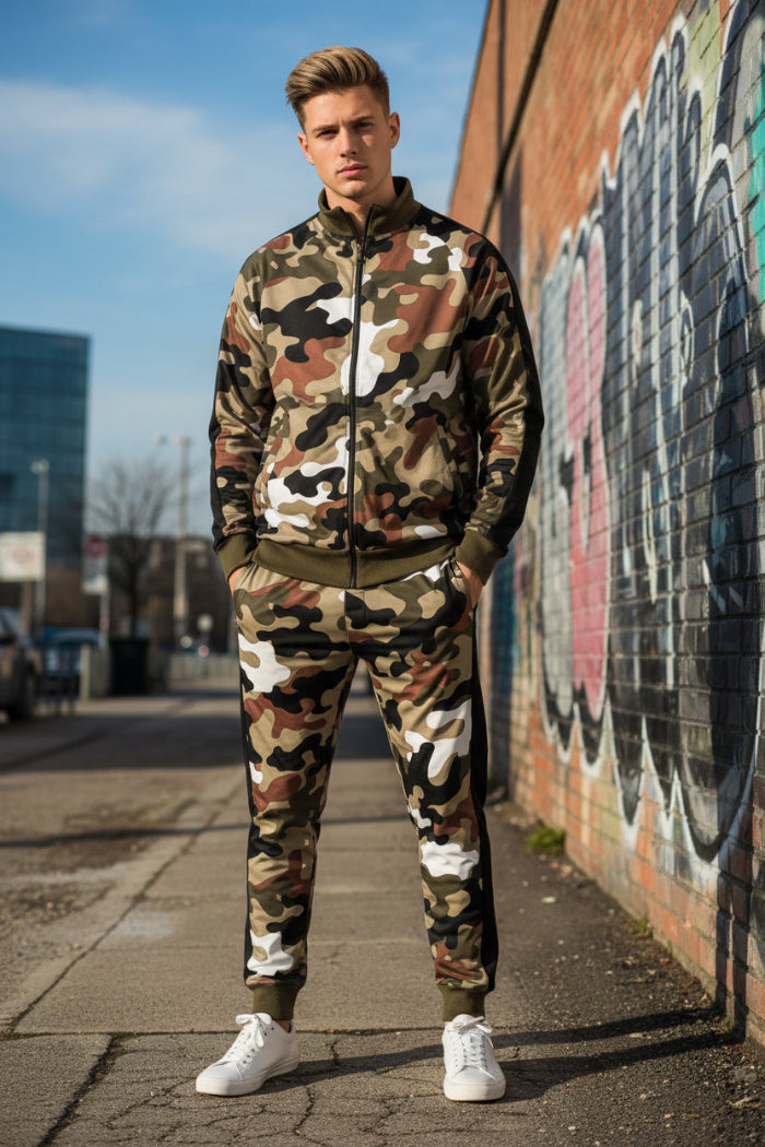 Person wearing a camouflage tracksuit  taken outside