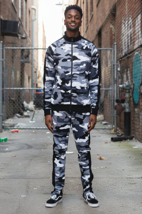 Person wearing a camouflage tracksuit  taken outside