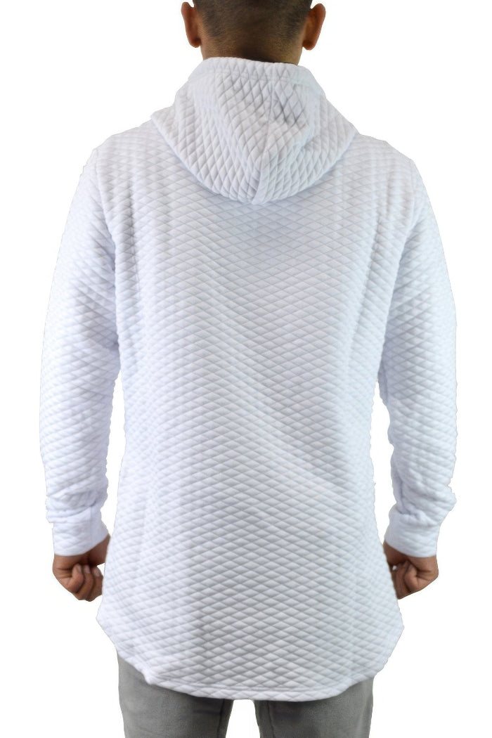 Person wearing a textured white hoodie on a white background