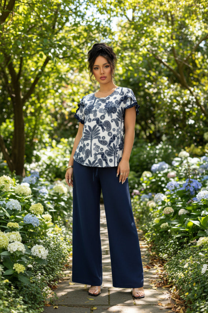 Two Pieces Floral Print Ruffle Hem Sleeve Sets
