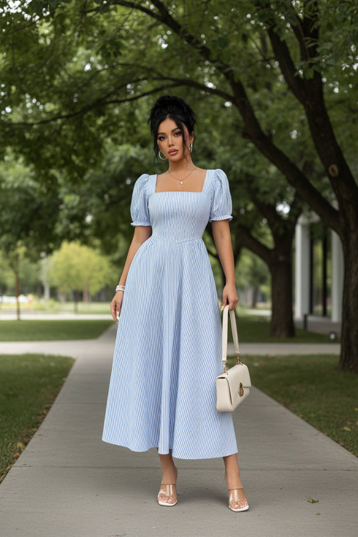 Square Neck Puff Sleeve Backless Striped Bow Tie Flowy Dress
