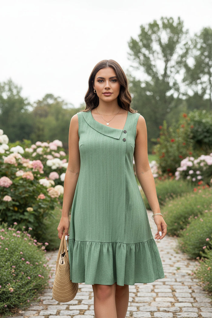 Woman wearing a green dress in a casual setting