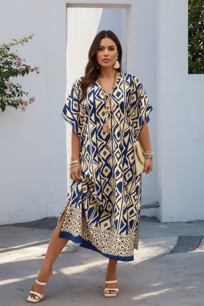 Plus Size All Over Print V Neck Split Dress | Women's Casual Maxi Dress