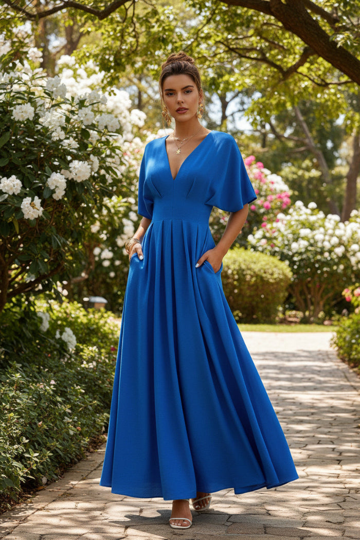 Solid Pleated Batwing Sleeve A-Line Maxi Dress | Women's Elegant Dress