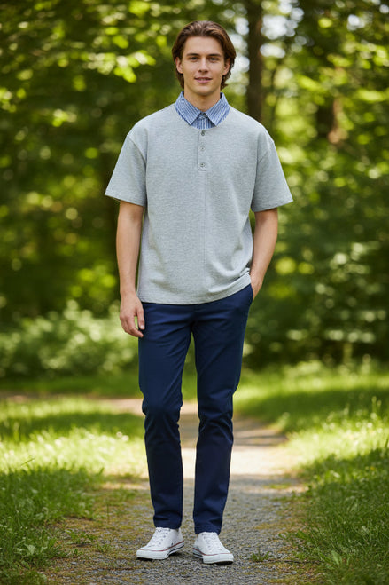 Gray polo shirt with a striped collar on a white background