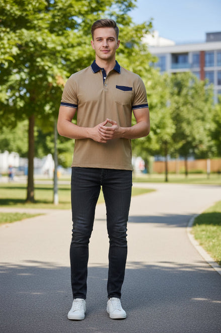 Beige polo shirt with navy accents on a white background