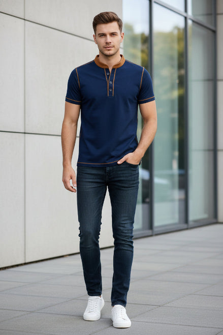 Blue polo shirt with brown accents on a white background