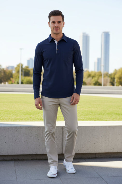 Navy long-sleeve polo shirt with white collar on a white background
