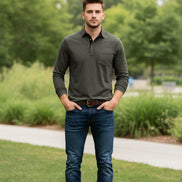 Dark gray long-sleeve polo shirt worn by a person on a white background