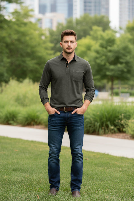 Dark gray long-sleeve polo shirt worn by a person on a white background
