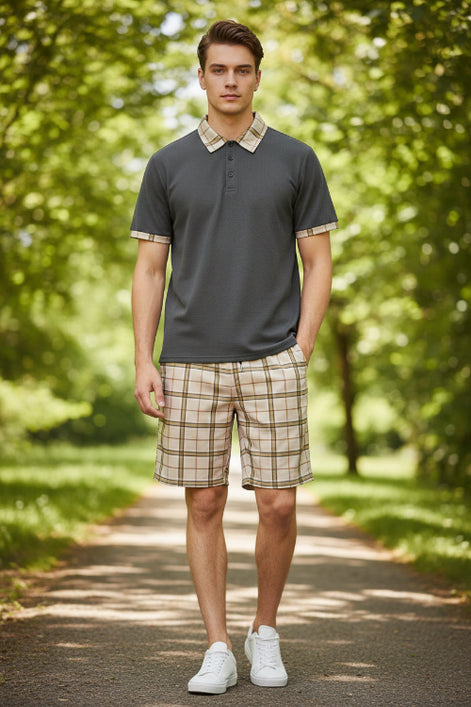 Gray polo shirt with plaid collar and beige plaid shorts on a white background