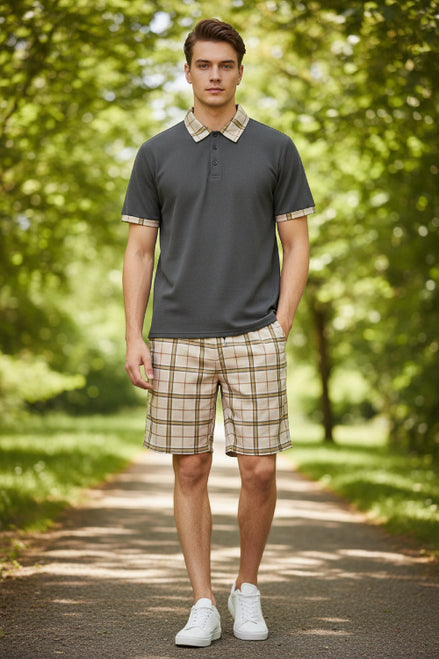 Gray polo shirt with plaid collar and beige plaid shorts on a white background