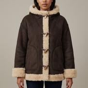 AI-generated model wearing a brown hooded jacket with cream fleece-look trim, four toggle fastenings and front patch pockets