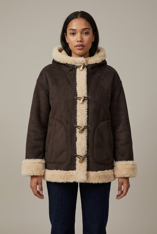 AI-generated model wearing a brown hooded jacket with cream fleece-look trim, four toggle fastenings and front patch pockets