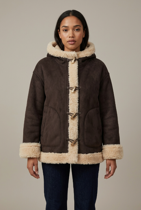 AI-generated model wearing a brown hooded jacket with cream fleece-look trim, four toggle fastenings and front patch pockets