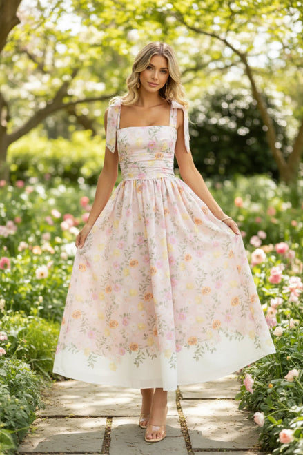 Woman wearing a floral dress in a minimal indoor setting