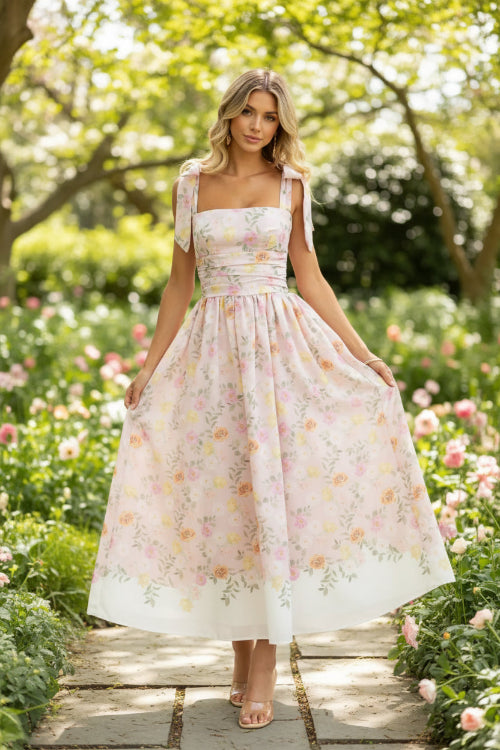 Woman wearing a floral dress in a minimal indoor setting
