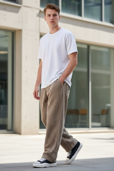 A person wearing loose, ribbed corduroy pants in a taupe-brown color, paired with a white t-shirt 