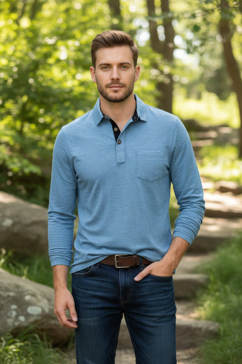 Blue long-sleeve polo shirt with a pocket on a white background