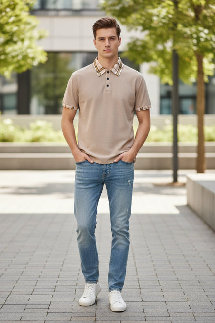 Beige polo shirt with plaid collar on a white background