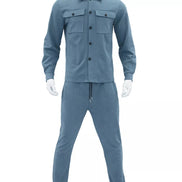A two-piece matching set consisting of a long-sleeve button-up shirt and jogger pants in a dusty slate blue color, 