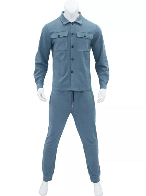 A two-piece matching set consisting of a long-sleeve button-up shirt and jogger pants in a dusty slate blue color, 