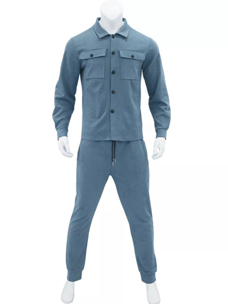 A two-piece matching set consisting of a long-sleeve button-up shirt and jogger pants in a dusty slate blue color, 