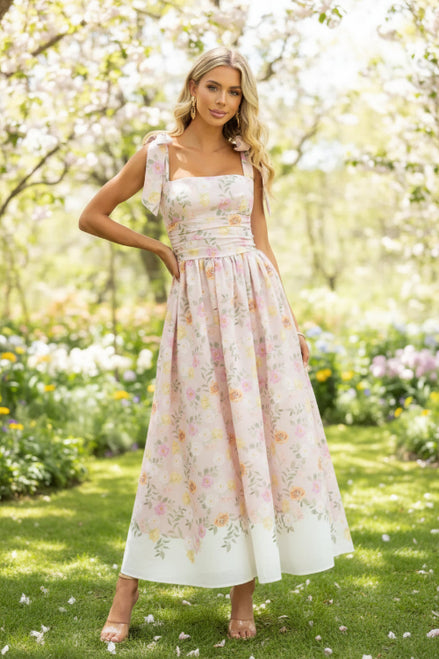 Woman wearing a floral dress with a blurred background