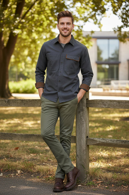 Dark gray shirt with brown accents on a white background