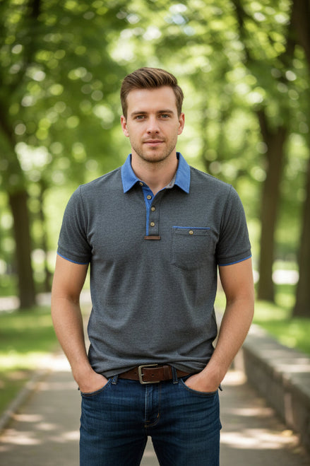 Gray polo shirt with blue collar and pocket on a white background