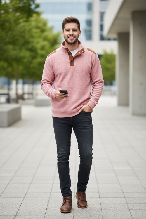 Pink long-sleeve shirt with brown accents on a white background