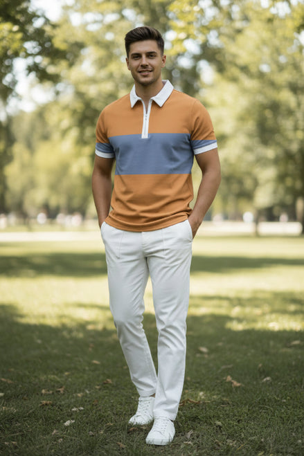 Color-blocked polo shirt with brown, blue, and white design on a plain background