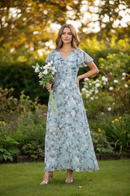 Woman wearing a floral dress holding flowers on a white background