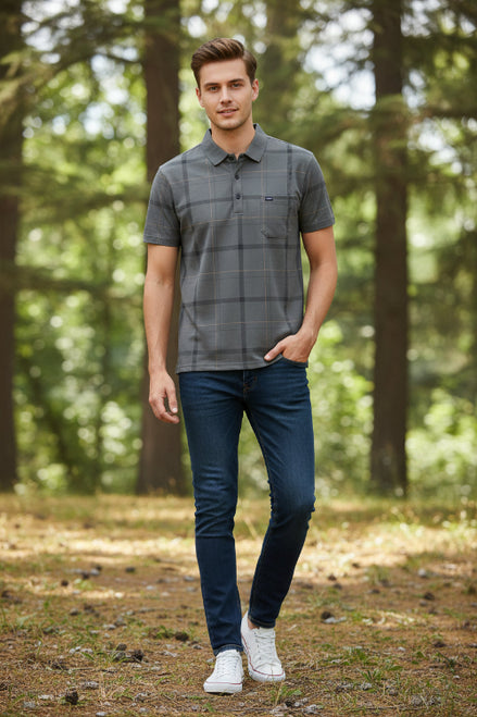 Gray plaid short-sleeve shirt on a hanger with a white background