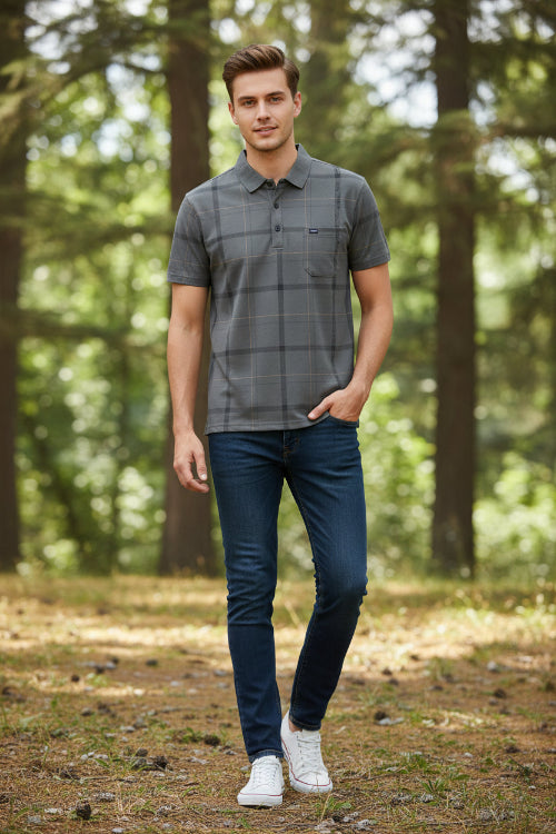 Gray plaid short-sleeve shirt on a hanger with a white background