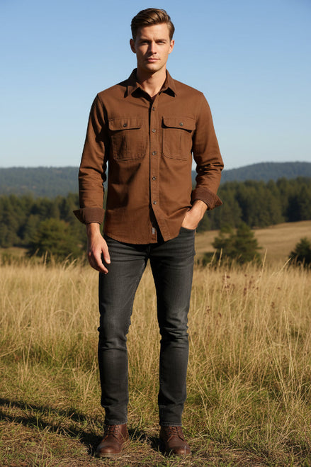Brown button-up shirt with two front pockets on a white background