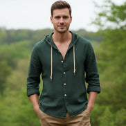 Dark green hoodie with button details on a white background