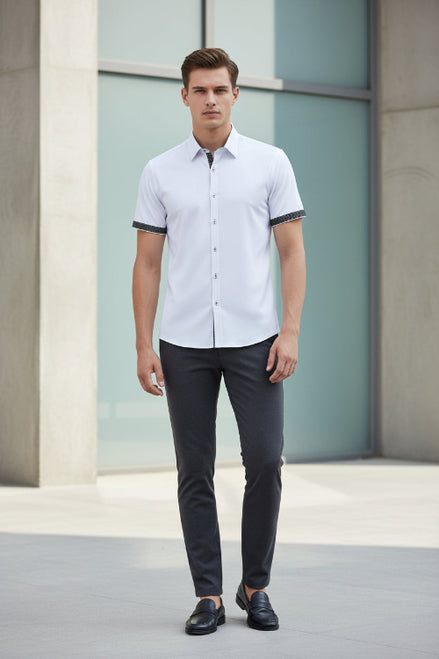 White short-sleeve shirt with black accents on a white background