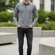 Gray long-sleeve polo shirt on a white background