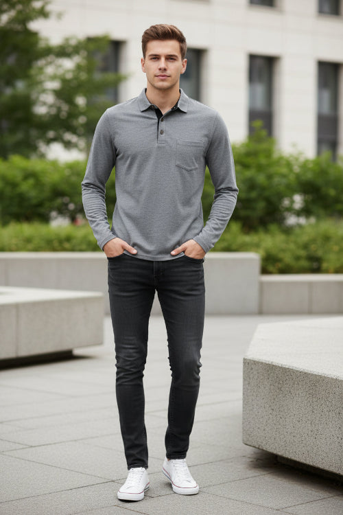 Gray long-sleeve polo shirt on a white background