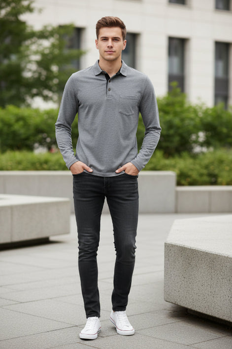 Gray long-sleeve polo shirt on a white background