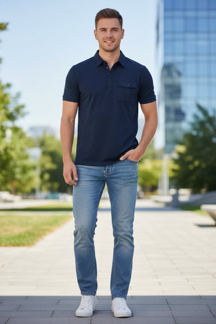 Navy blue polo shirt with a pocket on a white background