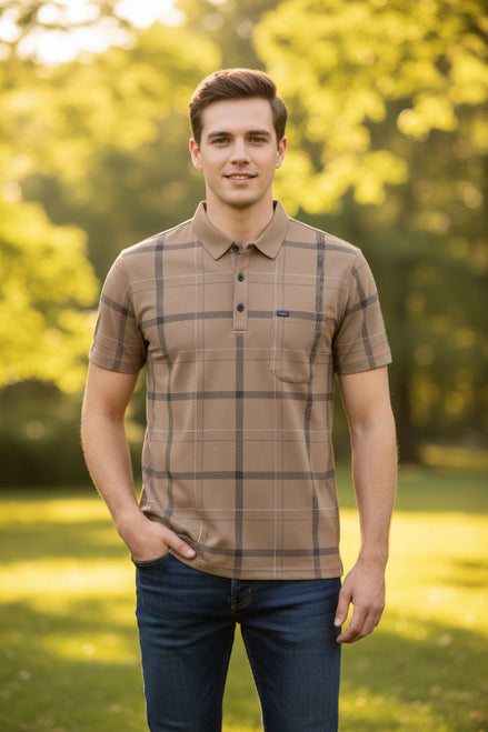 Beige checkered polo shirt on a hanger with a white background