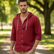 Red hoodie with buttons and a V-neck on a white background