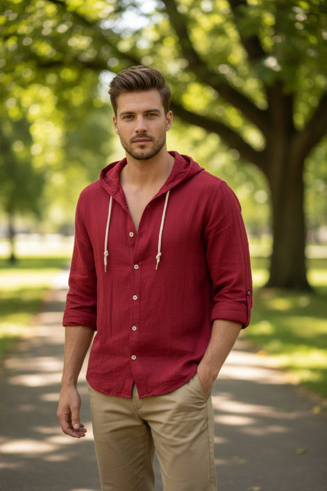 Red hoodie with buttons and a V-neck on a white background
