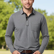 Gray long-sleeve polo shirt worn by a person on a white background