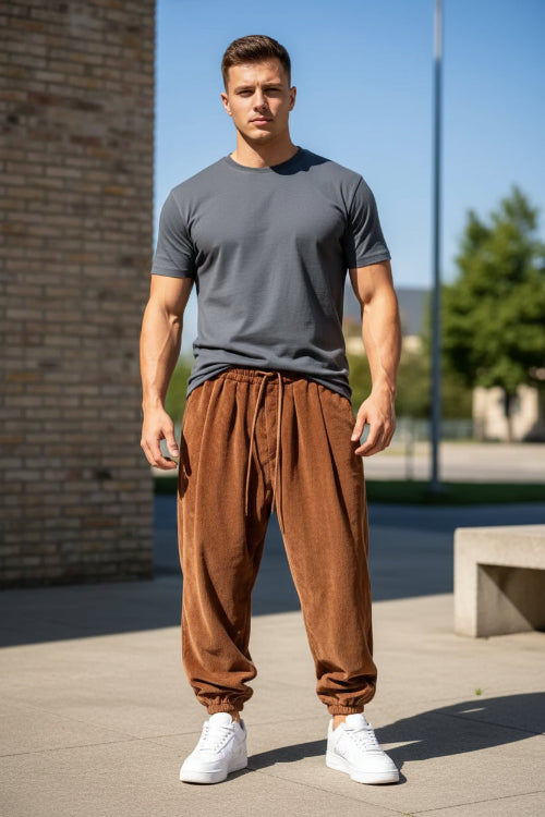 A man wearing brown corduroy jogger pants with a drawstring waist and elastic cuffs, paired with white sneakers, 